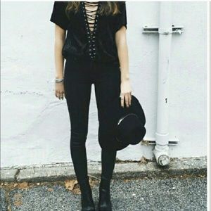 Black Crushed-velvet Emma&Sam Lace Up Top